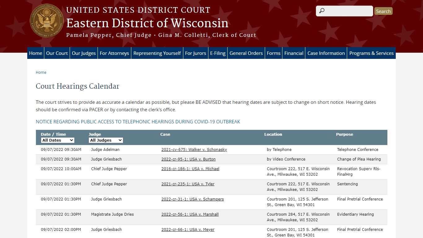 Court Hearings Calendar - Eastern District of Wisconsin