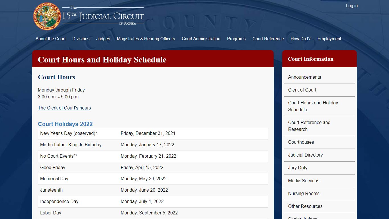 Court Hours and Holiday Schedule | 15th Circuit